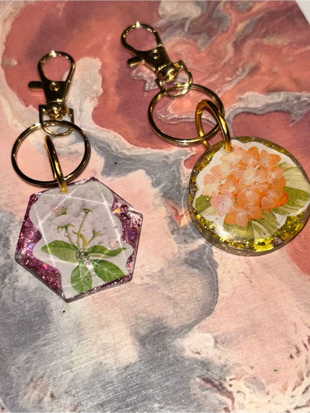 Handmade Floral Resin Keychain - Pink and Yellow 2 pairs
